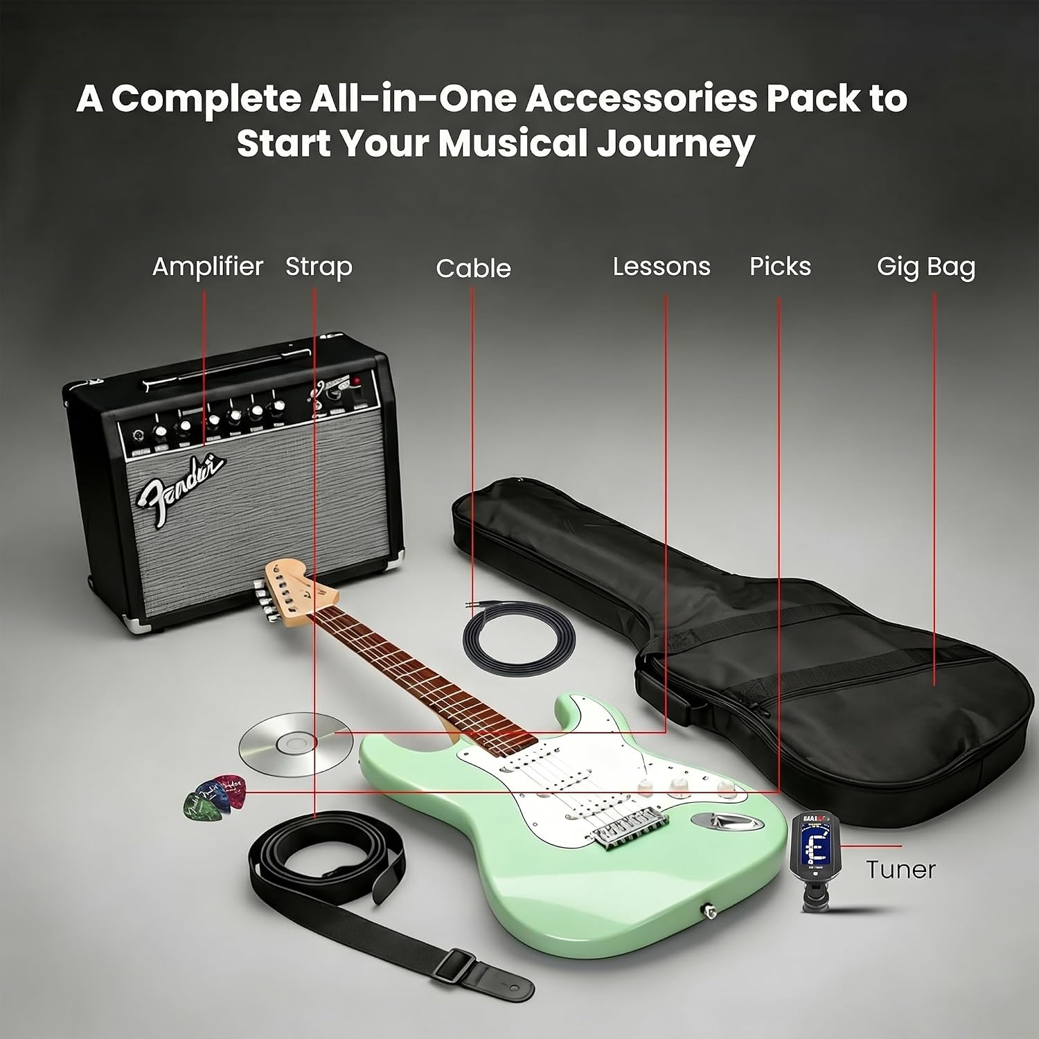 Fender Squier Affinity Stratocaster Limited Edition - Surf Green Bundle with Frontman 10G Amplifier, Gig Bag, Tuner, Instrument Cable, Strap, Picks, and Austin Bazaar Instructional DVD