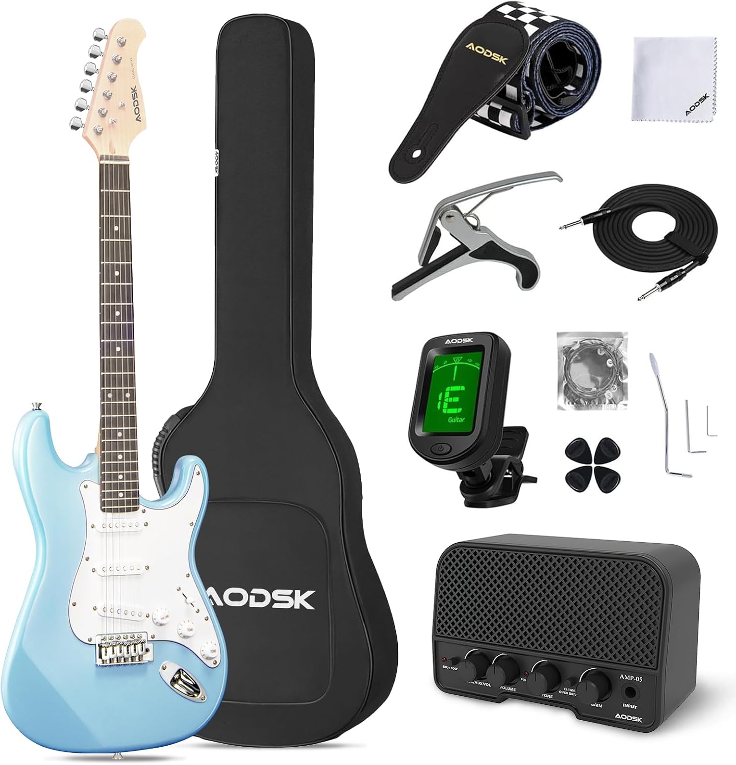 AODSK Electric Guitar with Amp Beginner Kit 39 Inch Solid Body Full Size,All Accessories,Digital Tuner,Six Strings,Four Picks,Tremolo Bar,Strap,Gig Bag,Starter kit