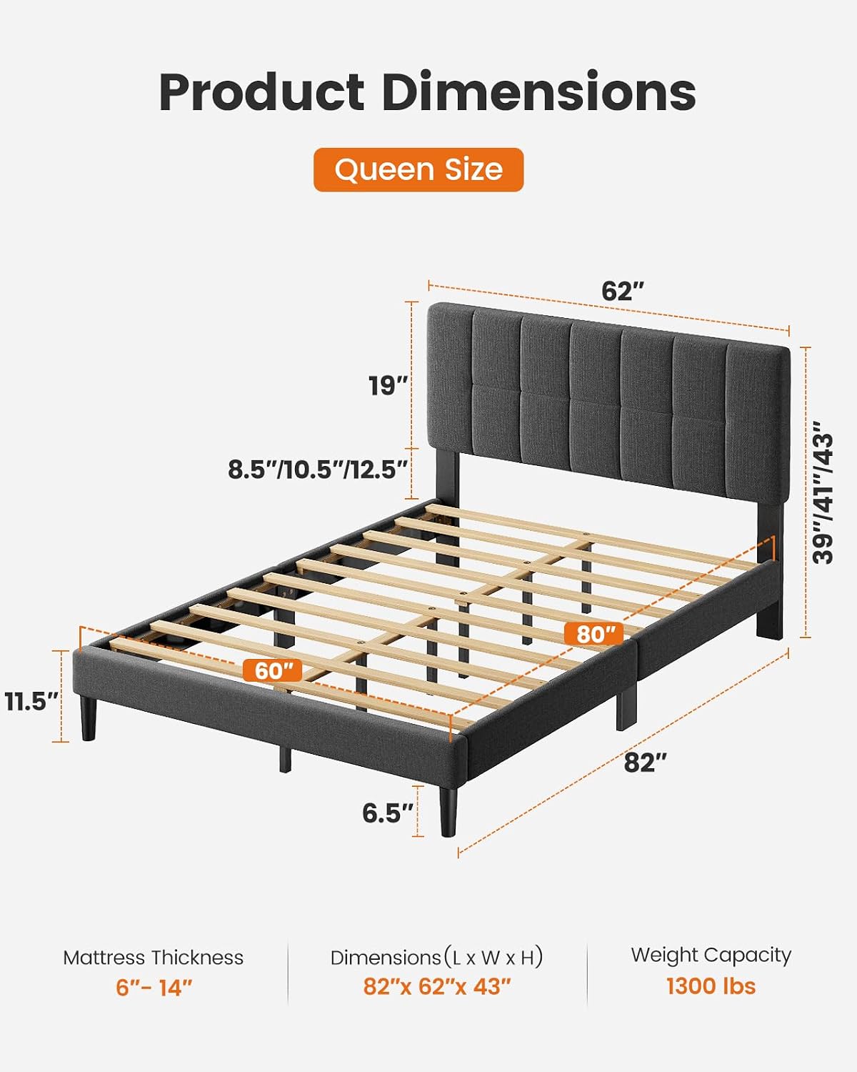 Pipishell Queen Size Upholstered Platform Bed Frame with 3-Height Adjustable Headboard, Fully Upholstered Mattress Foundation, Strong Weight Capacity, Wooden Slats Support, No Box Spring Needed, Grey