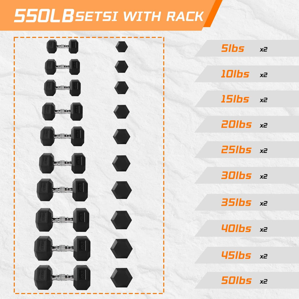 5-50 lbs Hex Dumbbell Weight Set With Rack for Home Outdoor Gyms 6-10 Pair Rubber Exercise & Fitness Nonslip Handle Dumbbells and Storage Rack Hold 350/450/550 Pounds
