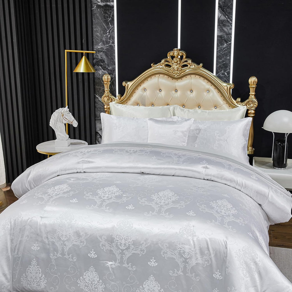 Jacquard Comforter Set White Sheet Set Satin Bedding Set King 8 Pcs Vintage Neoclassical Floral Bed Home Decor Soft Comforter Luxury Hotel Silky Bed in a Bag with 1 Cushion Cover