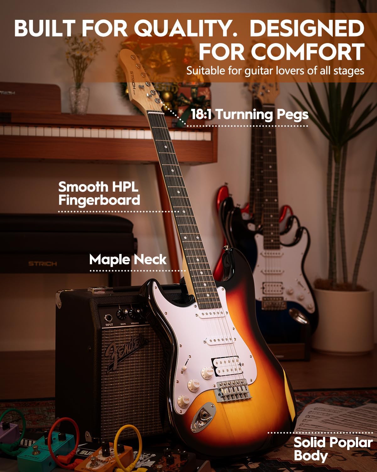 STRICH Electric Guitar Left Hand Beginner Kit, Solid Body 39' Electric Guitar HSS Pick Up for Starter, with 5W x 2 Amp, Bag, Capo, Strap, String,Cable, Picks, SST-S20L Sunburst