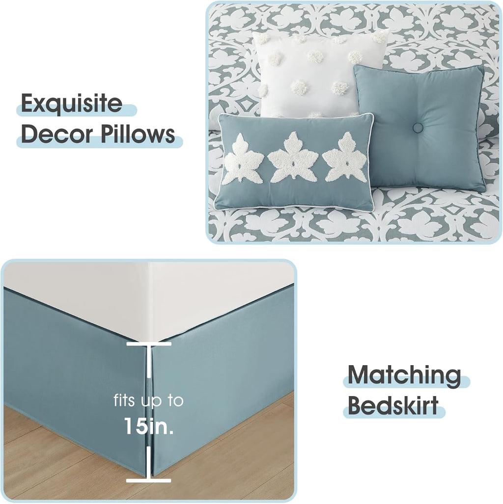 LANCO MODERN LIFESTYLE 7 Pieces Comforter Set, King, Blue, Jacquard Floral Pattern and Classy Damask Medallion Design, Ultra Soft, Includes Bed Skirt, Shams, and Decorative Pillows