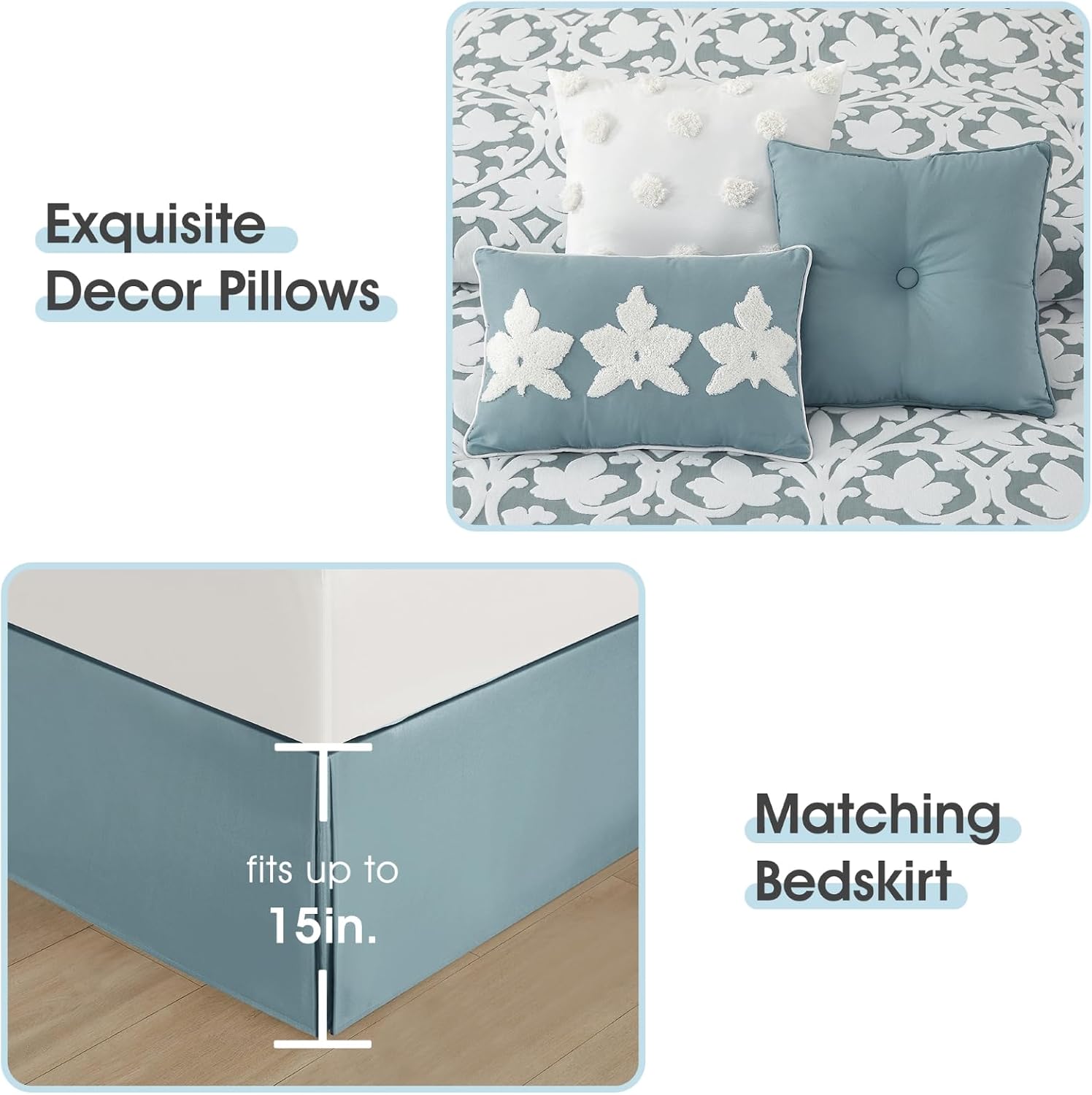 LANCO MODERN LIFESTYLE 7 Pieces Comforter Set, California King, Blue, Jacquard Floral Pattern and Classy Damask Medallion Design, Ultra Soft, Includes Bed Skirt, Shams and Decorative Pillows