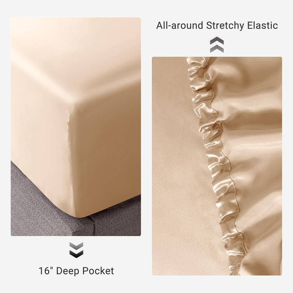 THXSILK 100% Mulberry Silk Fitted Sheet Set, 7A+ Silk 3 Pieces Bed Sheets, Breathable, Smooth, 16 Inch Deep Pocket Fitted Sheet, 2 Pillowcases - Champagne, Full
