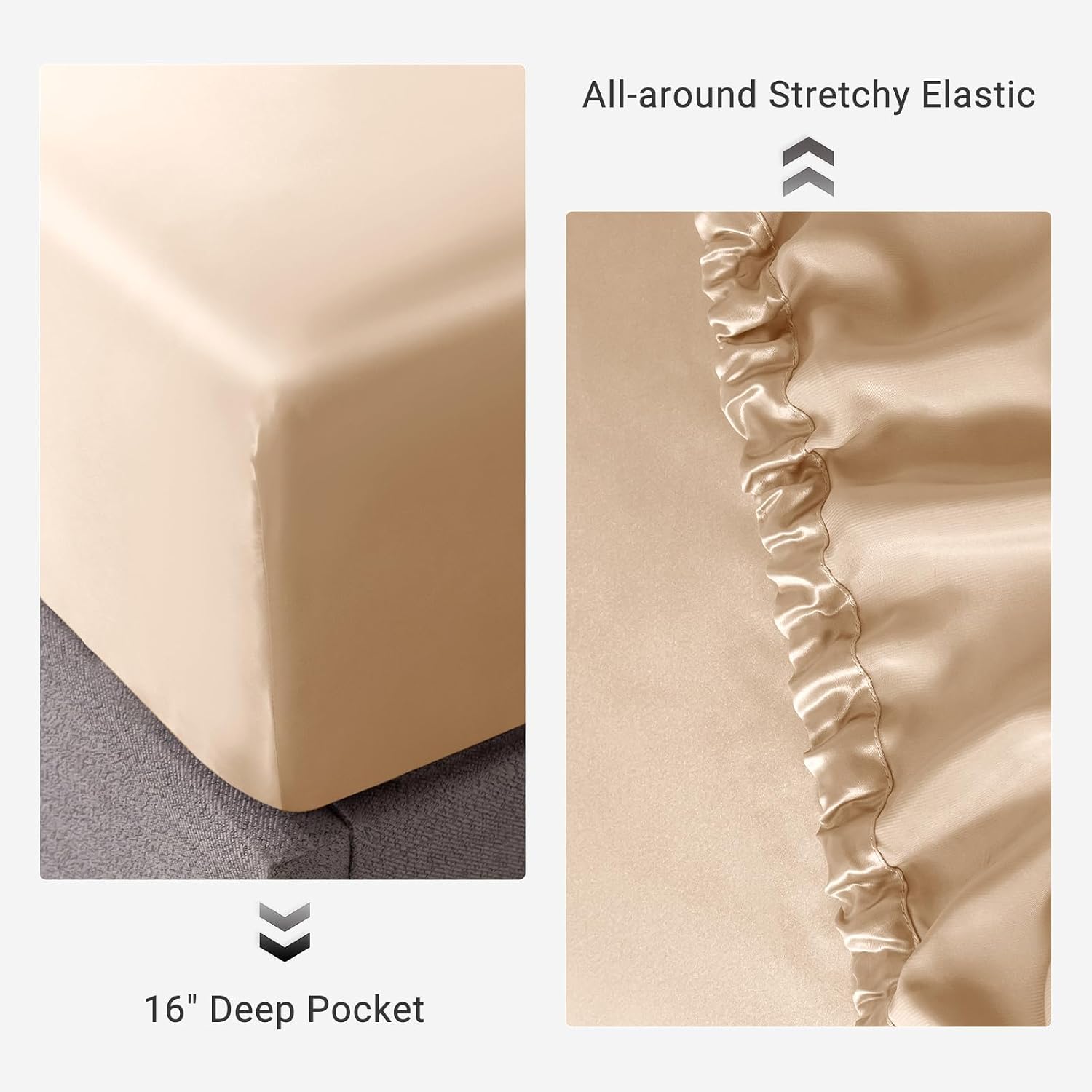 THXSILK 100% Mulberry Silk Fitted Sheet Set, 7A+ Silk 3 Pieces Bed Sheets, Breathable, Smooth, 16 Inch Deep Pocket Fitted Sheet, 2 Pillowcases - Champagne, Full