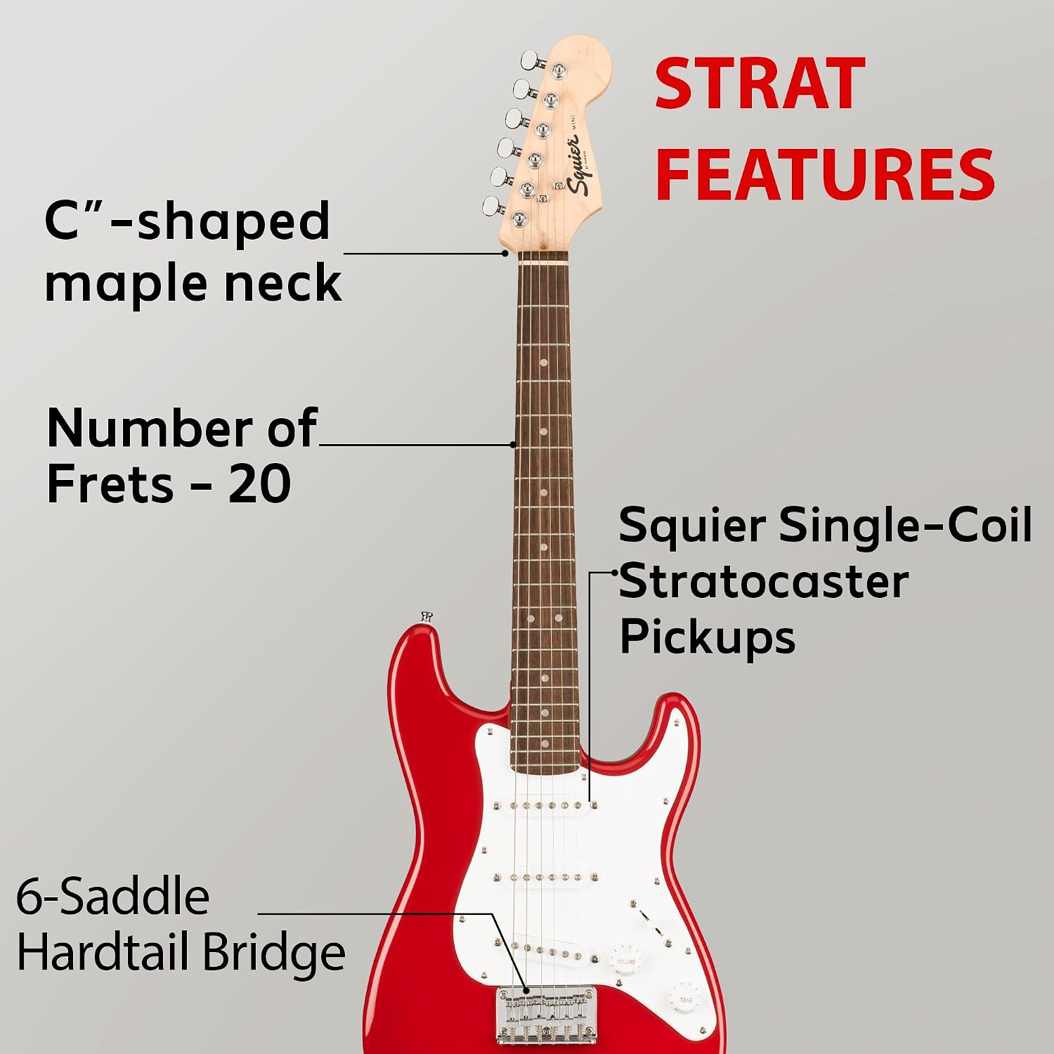 Fender Squier 3/4-Size Kids Mini Strat Electric Guitar - Dakota Red Bundle with Amplifier, Instrument Cable, Tuner, Strap, Picks, and Austin Bazaar Instructional DVD
