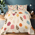 Beige Reversible Comforter Set King, Hand Drawn Plants Flowers Printed Comforter Set 3-Piece with 1 Comforter & 2 Pillowcases, Soft Microfiber Quilted Bedding for All Season