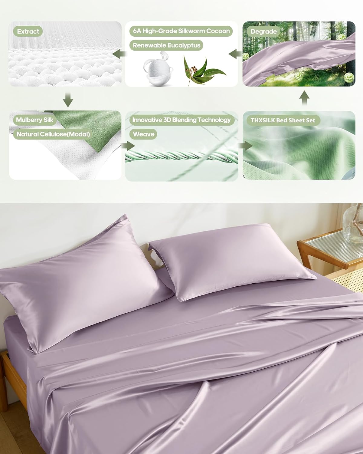 THXSILK Silk Sheet Set 4 Pcs, Queen Size Sheet Set, Soft Breathable Cooling Bed Sheets with 1 Flat Sheet, 1 Fitted Sheet, 2 Pillowcases with Zipper Closure, Light Purple