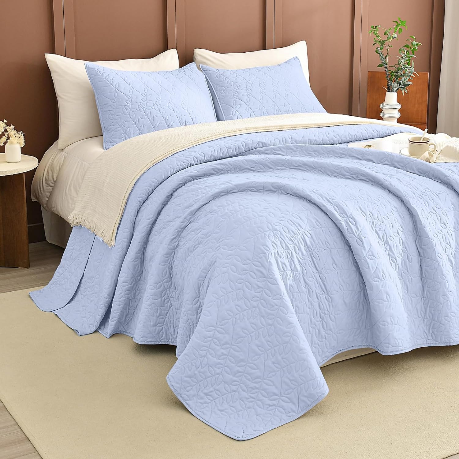 Lady Ann Light Blue Oversized King Bedspread 128x120, Leaves Pattern Printed Oversized King Quilt Set for Extra Large Bed, Lightweight & Soft Farmhouse Bedspreads & Coverlets, 3PCS