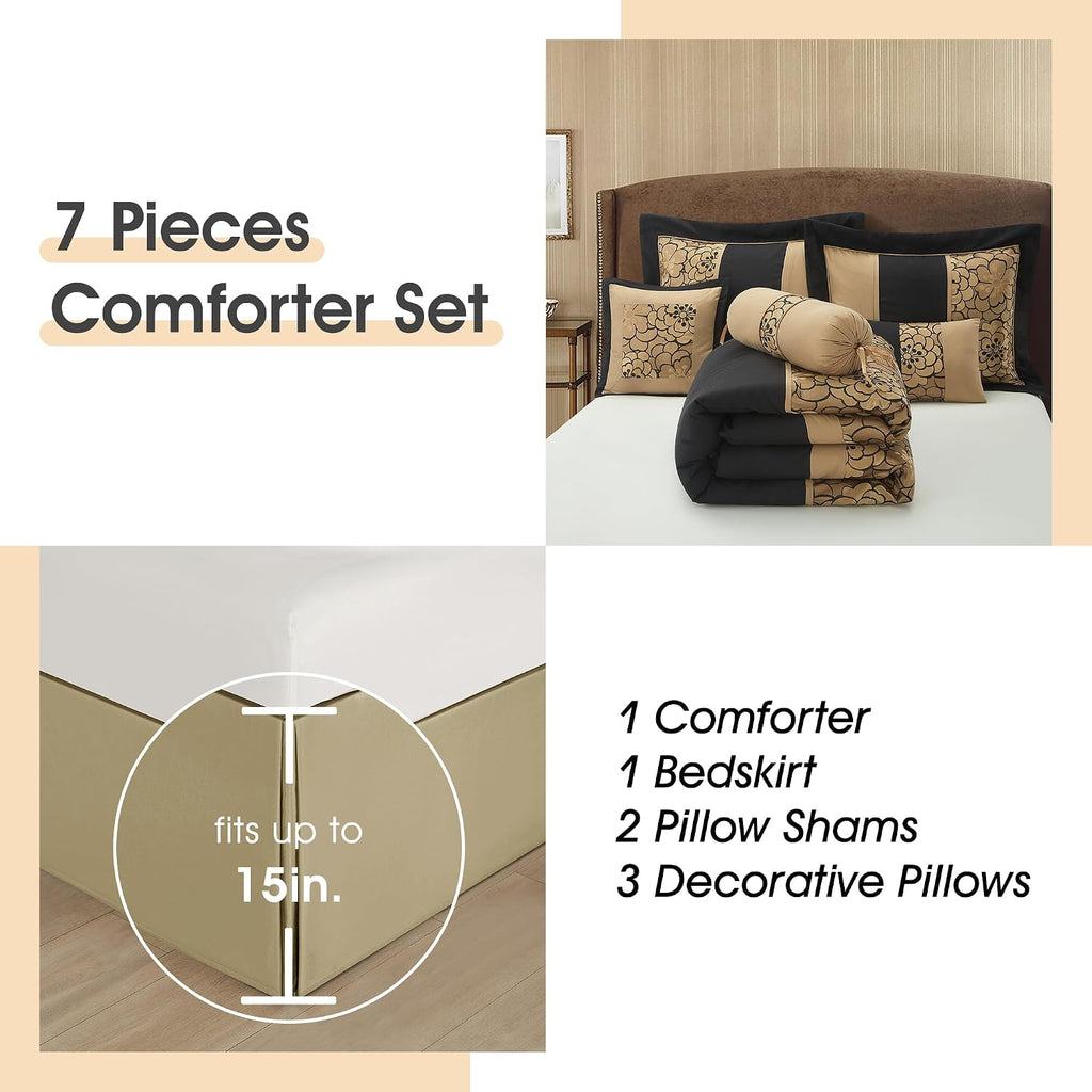 LANCO MODERN LIFESTYLE 7 Piece King Size Comforter Set, Black Gold, Elegant Floral Jacquard, Stylish and Cozy Bedding Collection, Premium Bedding Set with Bedskirt, Shams and Pillows