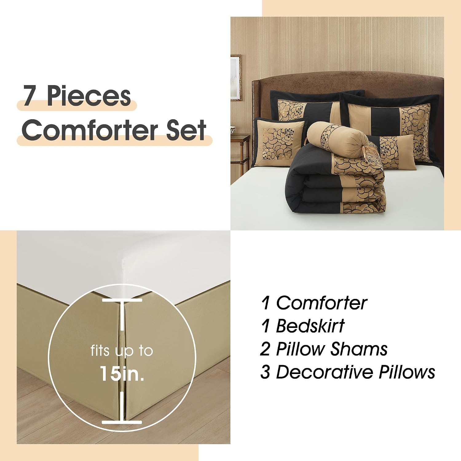 LANCO MODERN LIFESTYLE 7 Piece King Size Comforter Set, Black Gold, Elegant Floral Jacquard, Stylish and Cozy Bedding Collection, Premium Bedding Set with Bedskirt, Shams and Pillows
