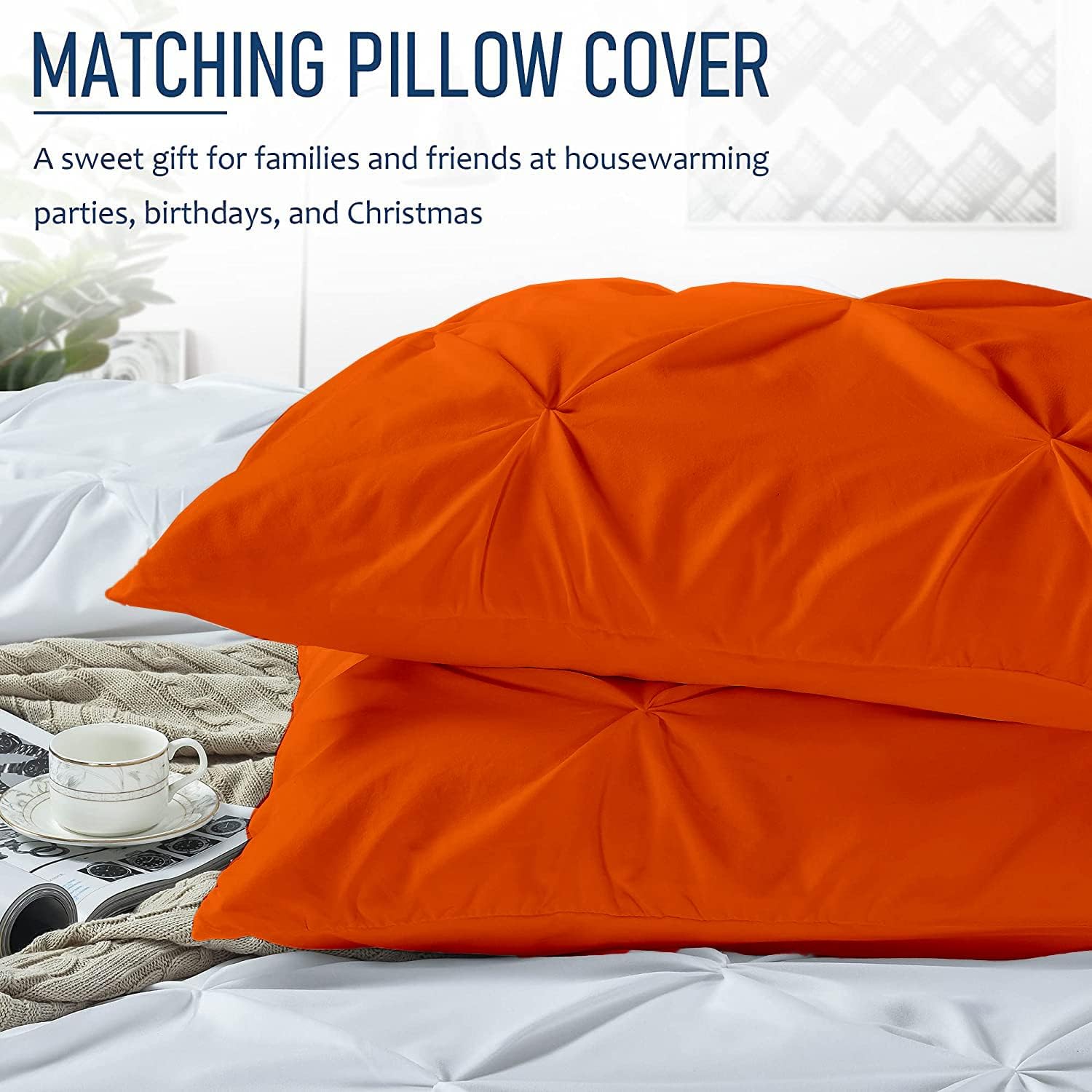 Crown Collection Luxuriate Hotel 1000-TC Hypoallergenic Ultra Soft Design 100% Egyptian Cotton Pinch Pleated Duvet Cover with Zipper Colser & 2pcs Pillow Case Set (Oversize 98x120, Orange)