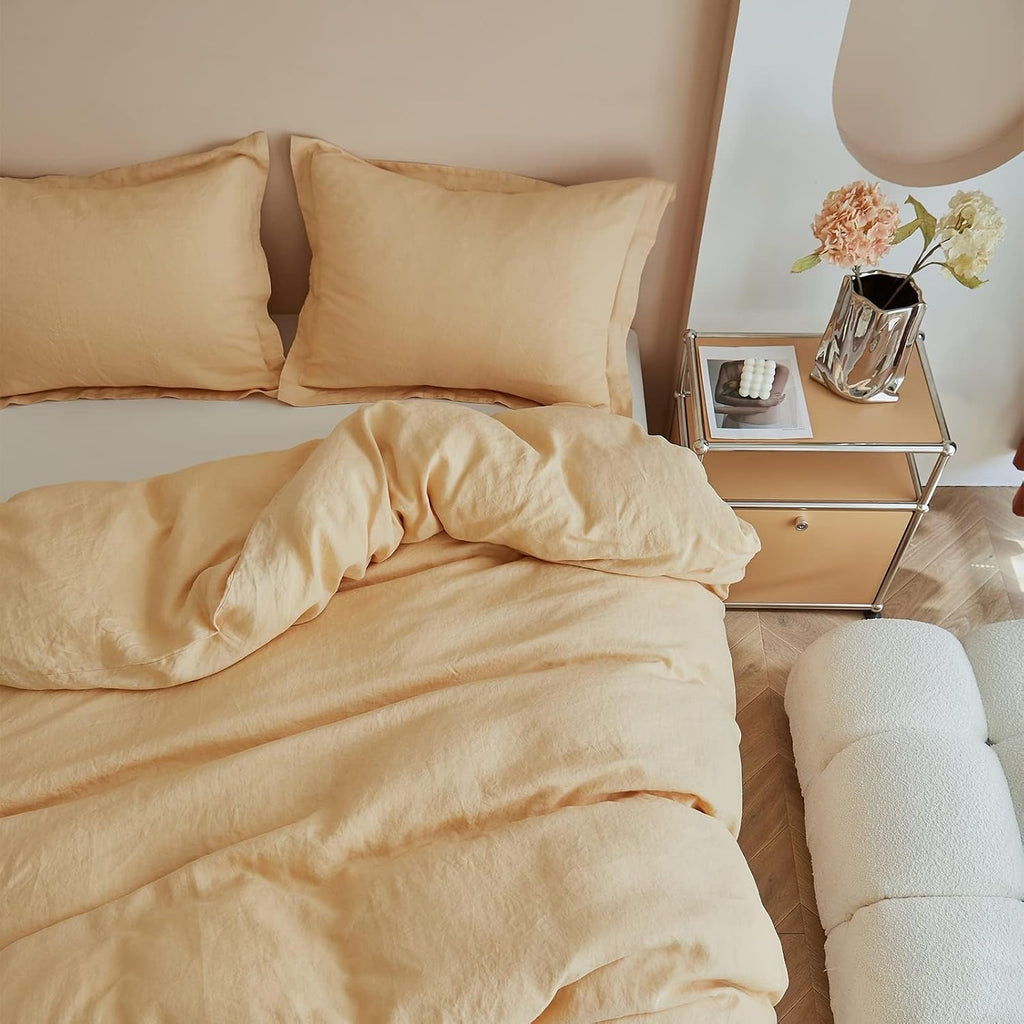 Simple&Opulence 100% Linen Duvet Cover Set, 3 PCS Natural French Flax Sand Duvet Cover Queen Size, Breathable Soft Comfy Linen Bedding Comforter Cover with 2 Pillowcases(Sand, 88'x92')