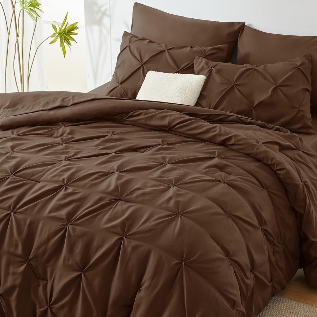 King Size Comforter Set 7 Pieces Bed in a Bag 100% Cotton Brown Comforter King Pintuck Bed Sets Pinch Pleat Bedding Sets Comforter, Flat Sheet, Fitted Sheet, Pillowcases & Shams