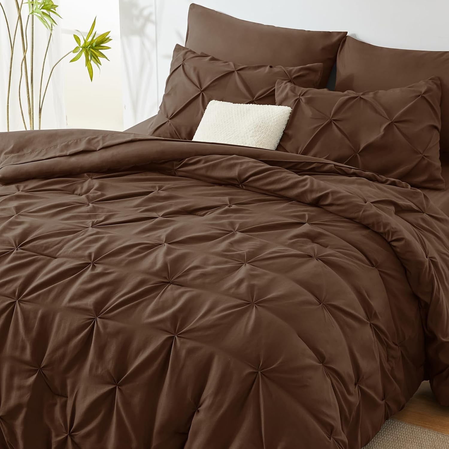 King Size Comforter Set 7 Pieces Bed in a Bag 100% Cotton Brown Comforter King Pintuck Bed Sets Pinch Pleat Bedding Sets Comforter, Flat Sheet, Fitted Sheet, Pillowcases & Shams