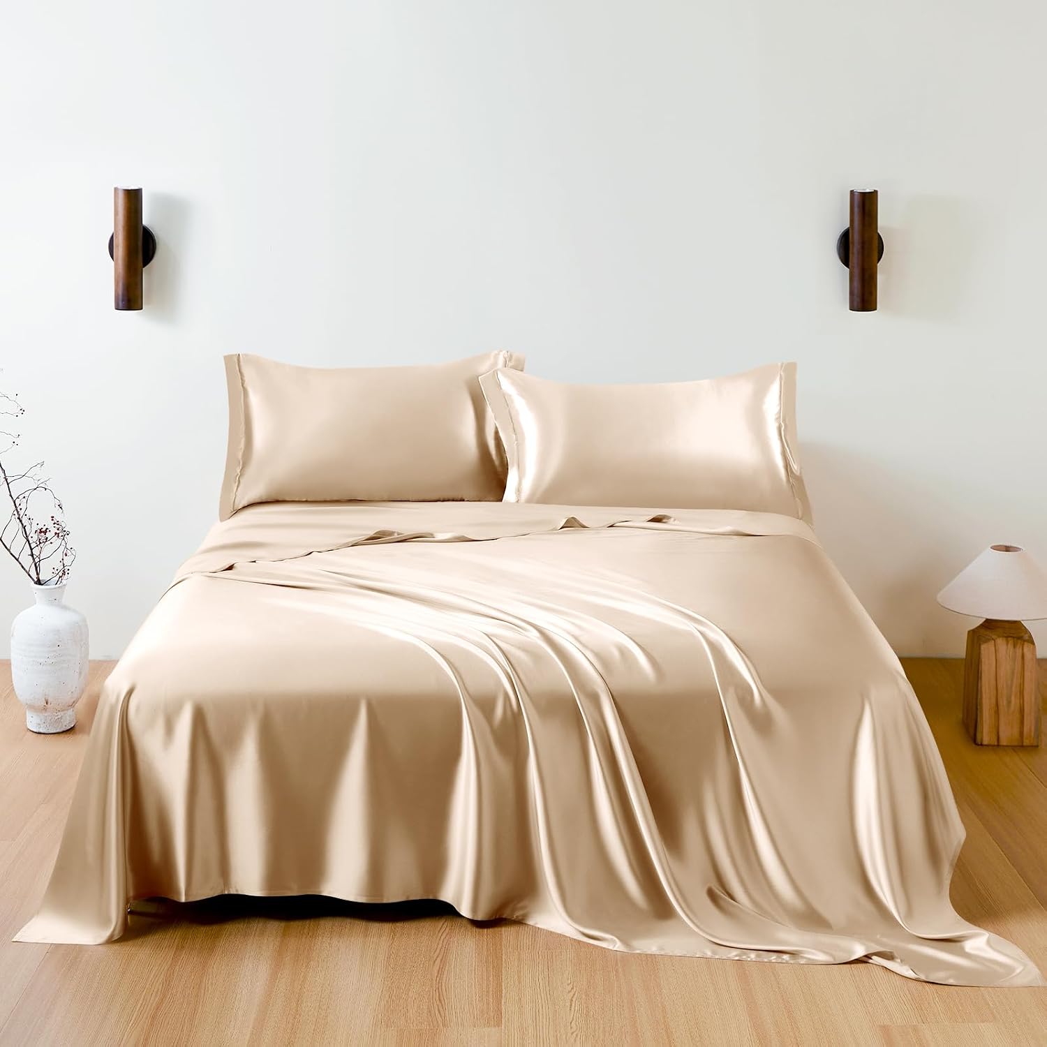 Queen Size 6 Piece Sheet Set 30 Momme Mulberry Silk Soft Breathable Cooling Bed Sheets (1 Flat Sheet,1 Fitted Sheet,4 Pillow Cases) Fits 19-22' Deep Pocket (Solid, Beige)