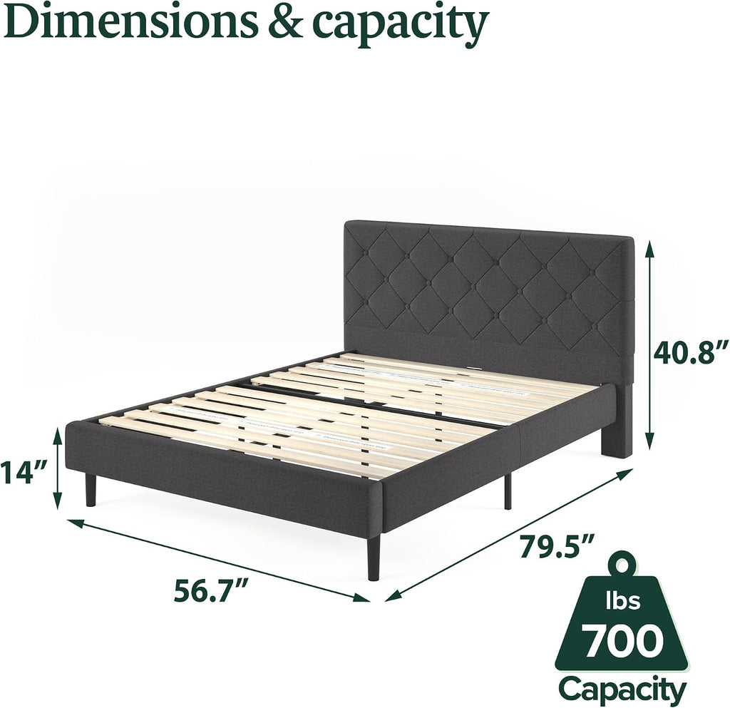 Zinus Full Shalini Upholstered Platform Bed Frame with Headboard [New WonderBox(TM) Version], Wooden Slat Support, No Box Spring Needed, Easy Assembly, Eco Friendly Packaging, Dark Grey