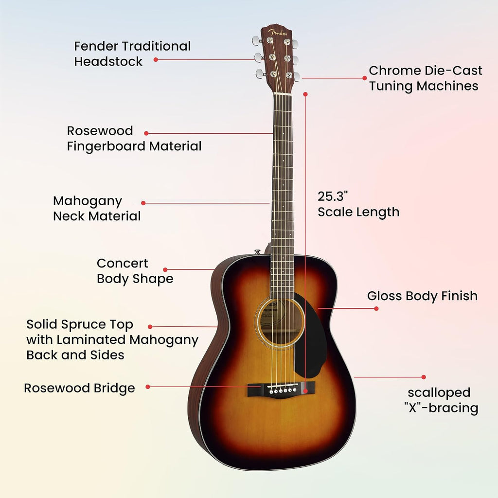 Fender CC-60S Solid Top Concert Acoustic Guitar - 3-Color Sunburst Bundle with Gig Bag, Tuner, Strap, Strings, Picks, and Austin Bazaar Instructional DVD