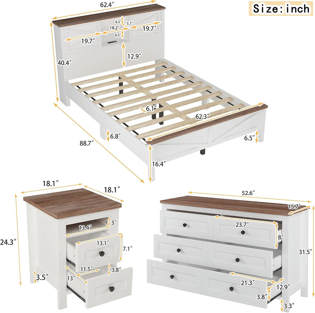 SOFTSEA 3 Piece Farmhouse Bedroom Set, Queen Size Platform Bed with Storage Headboard and Charging Station, Dresser and Storage Nightstand, Wood Bed Frame Set, White+Brown