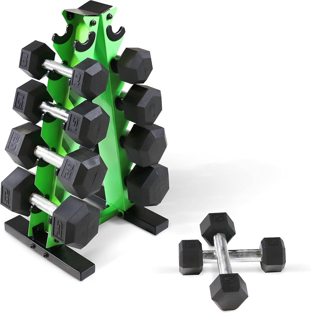 WF Athletic Supply 5-25Lb Rubber Coated Hex Dumbbell Set with A Frame Storage Rack Non-Slip Hex Shape for Muscle Toning, Strength Building & Weight Loss - Multiple Choices Available