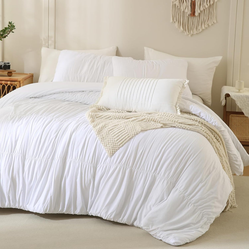 Lady Ann Oversized King Size Comforter Sets 128x120- White Ruched Bedroom Sets, Fluffy Bedding Comforter Sets, Soft & Luxurious All Season Bed Sets for Women Men, 3pcs