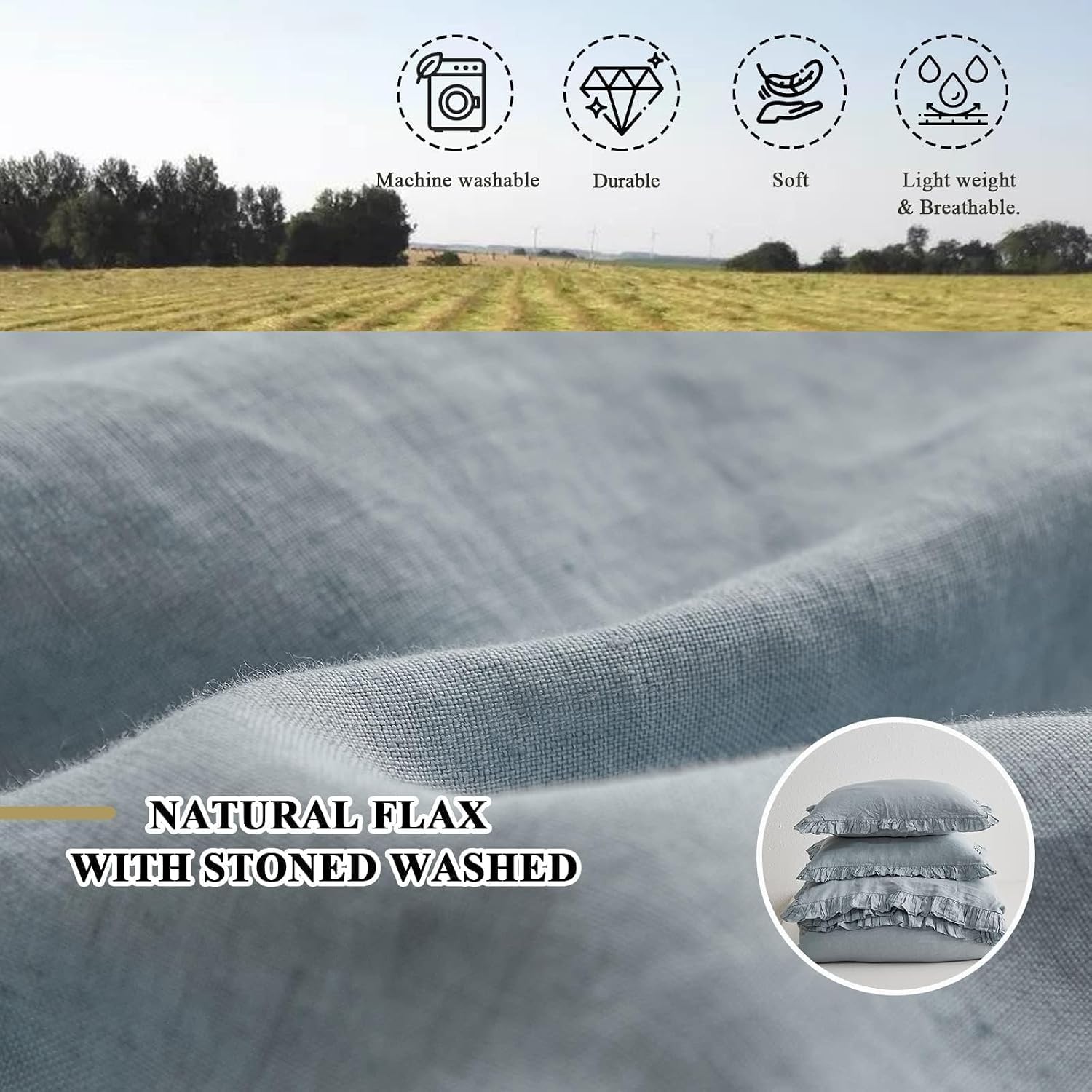 Simple&Opulence 100% Linen Duvet Cover Set, 3 PCS Natural French Flax Dusty Blue Ruffle Duvet Cover King Size, Breathable Comfy Linen Bedding Comforter Cover with 2 Pillowcases(Dusty Blue, 104' X 92')