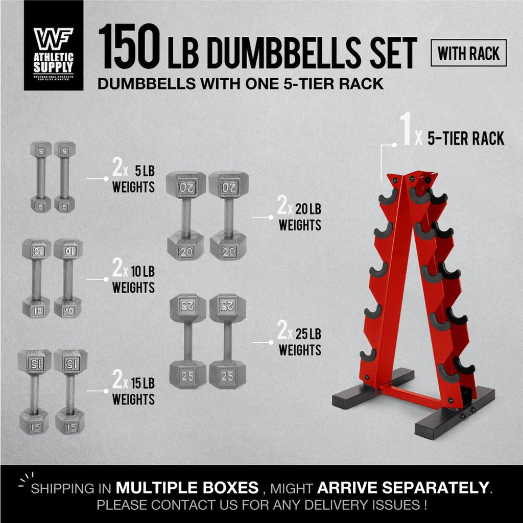 WF Athletic Supply 5-25 Lb Cast Iron Dumbbells Set with A Frame Storage Rack, Solid Gray/Black Hexagon Free Weights for Weight Lifting & Strength Training, Storage Rack Color Options Available