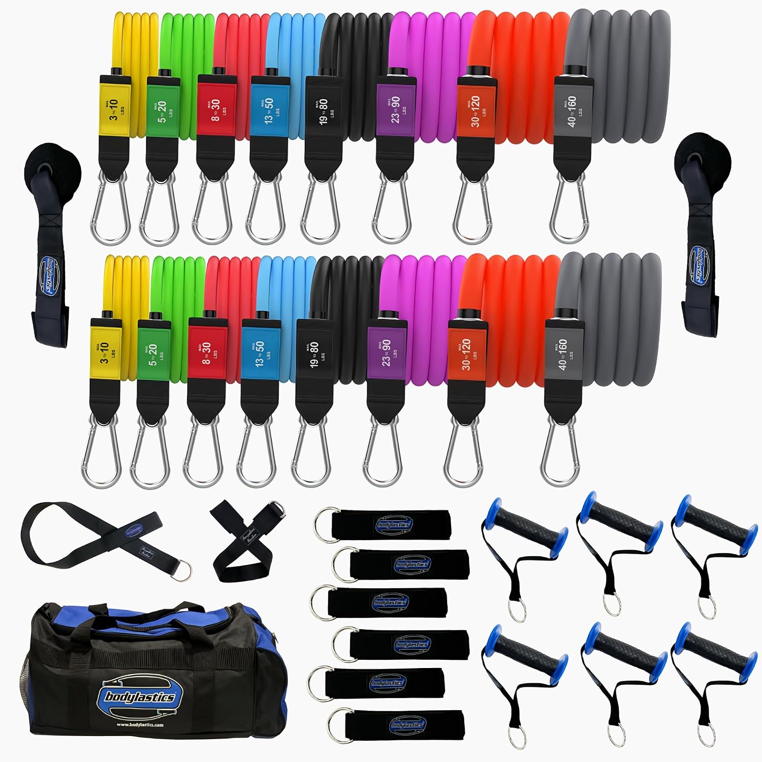 Bodylastics Patented Basic Series Resistance Band Set - Resistance Bands with Snap Reduction Tech, 2 Handles, 2 Ankle Straps, 1 Door Anchor & 1 Carry Bag