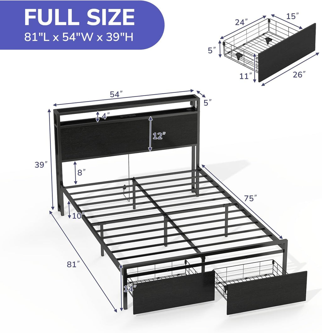 Zevemomo Full Size Bed Frame with 2 Storage Drawers, Bed Frame Full Size with Headboard, LED Light, Charging Station with 2 USB Ports & 2 AC Ports, No Noise, Black