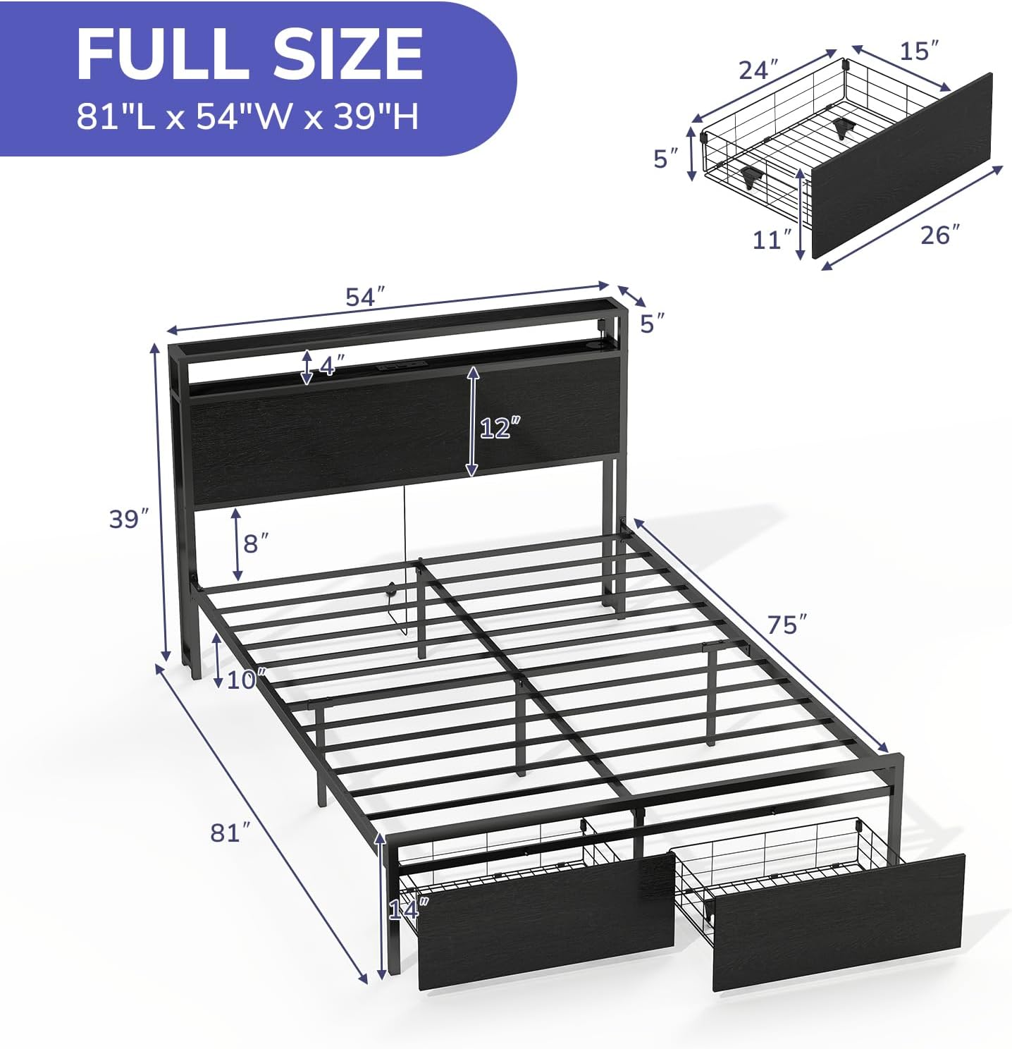 Zevemomo Full Size Bed Frame with 2 Storage Drawers, Bed Frame Full Size with Headboard, LED Light, Charging Station with 2 USB Ports & 2 AC Ports, No Noise, Black