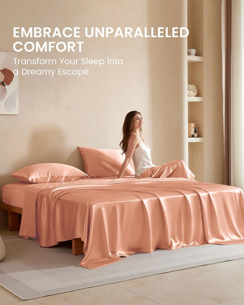 THXSILK Silk Sheet Set 4 Pcs, Full Size Sheet Set, Soft Breathable Cooling Bed Sheets with 1 Flat Sheet, 1 Fitted Sheet, 2 Pillowcases with Zipper Closure, Peachy Pink