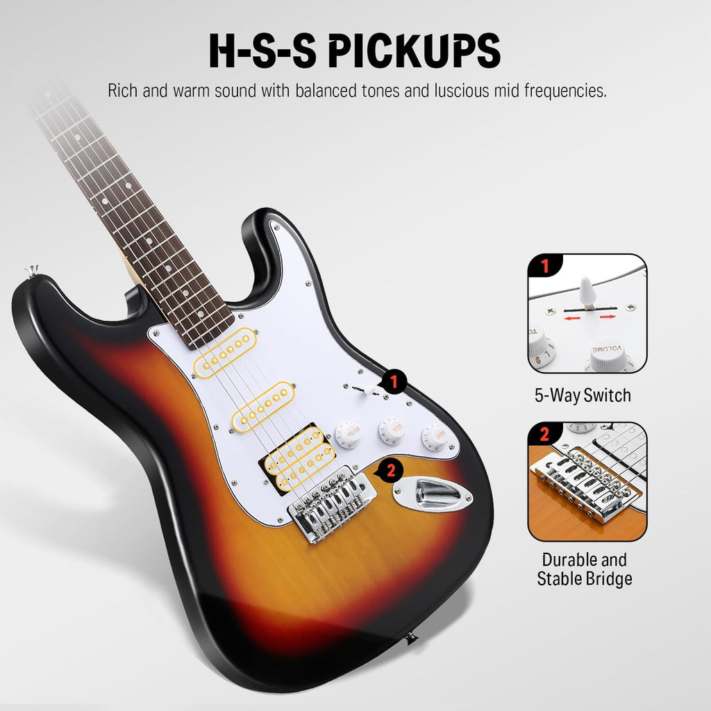 Donner DST-100S 39 Inch Full Size Electric Guitar Kit Solid Body Sunburst, Beginner Starter, with Amplifier, Bag, Capo, Strap, String, Tuner, Cable, Picks