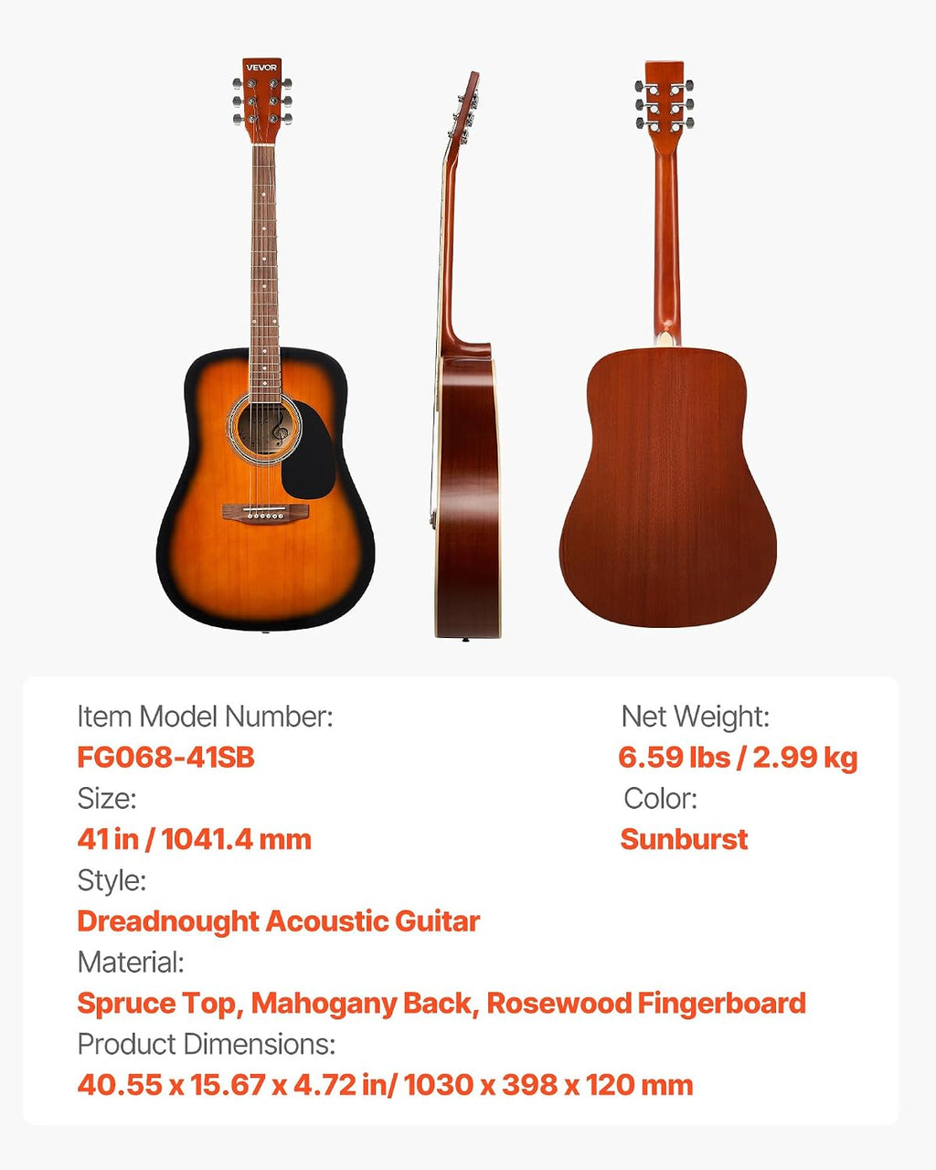 VEVOR Dreadnought Acoustic Guitar, 41 in, 6-String Sunburst Solid Spruce Top Guitar, Beginner Bundle with Gig Bag, Tuner, Strap, Strings, Picks, Capo, Rosewood Fingerboard, for Adult Taller Player