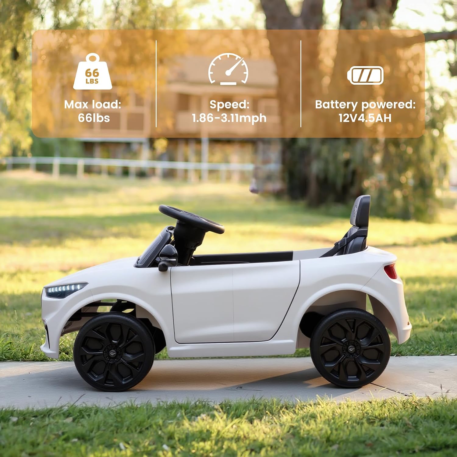 Bobike Electric Ride On Car for Kids, 12V Electric Toddler Car with Remote Control, Ride on Toys for Kids with LED Lights, Music Player, Lockable Doors (White)