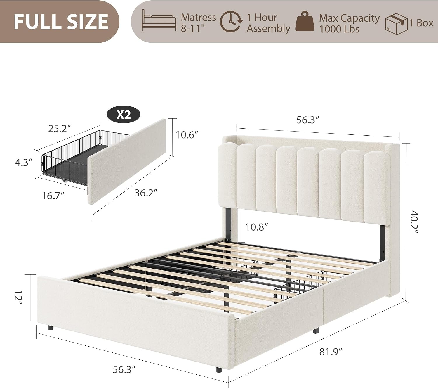 Garvee LED Full Size Bed Frame with Storage Headboard, Kids Bed Frame with 2 Drawers, Boucle Upholstered Platform Bed for Girls, Chic Wavy Headboard with Bookcase, No Box Spring Needed, White
