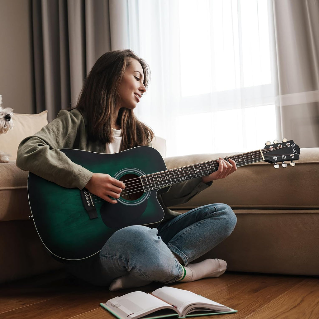GLARRY Full Size 6 Strings Acoustic Electric Guitar Beginner Kit w/ 15W Amp, Cutaway 41 Inch Electric Acoustic Guitar w/Inbuilt Tuner, Bag, Strap, Picks, Strings, Basswood Guitarra, Distressed Green