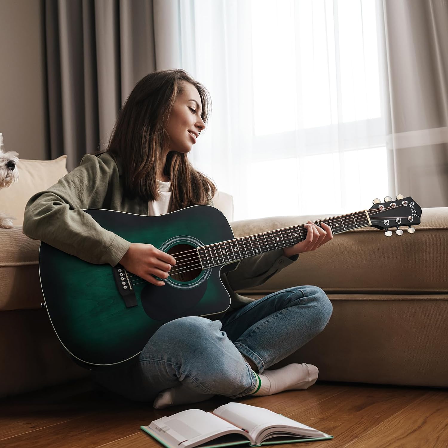 GLARRY Full Size 6 Strings Acoustic Electric Guitar Beginner Kit w/ 15W Amp, Cutaway 41 Inch Electric Acoustic Guitar w/Inbuilt Tuner, Bag, Strap, Picks, Strings, Basswood Guitarra, Distressed Green