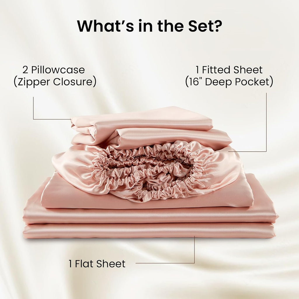 THXSILK Luxury Mulberry Silk Bed Sheets Set - 4pcs Silk Sheets Set 16' Deep Pocket - 1 Fitted Sheet, 1 Flat Sheet, 2 Pillowcases with Zipper Closure - Full, Charming Pink