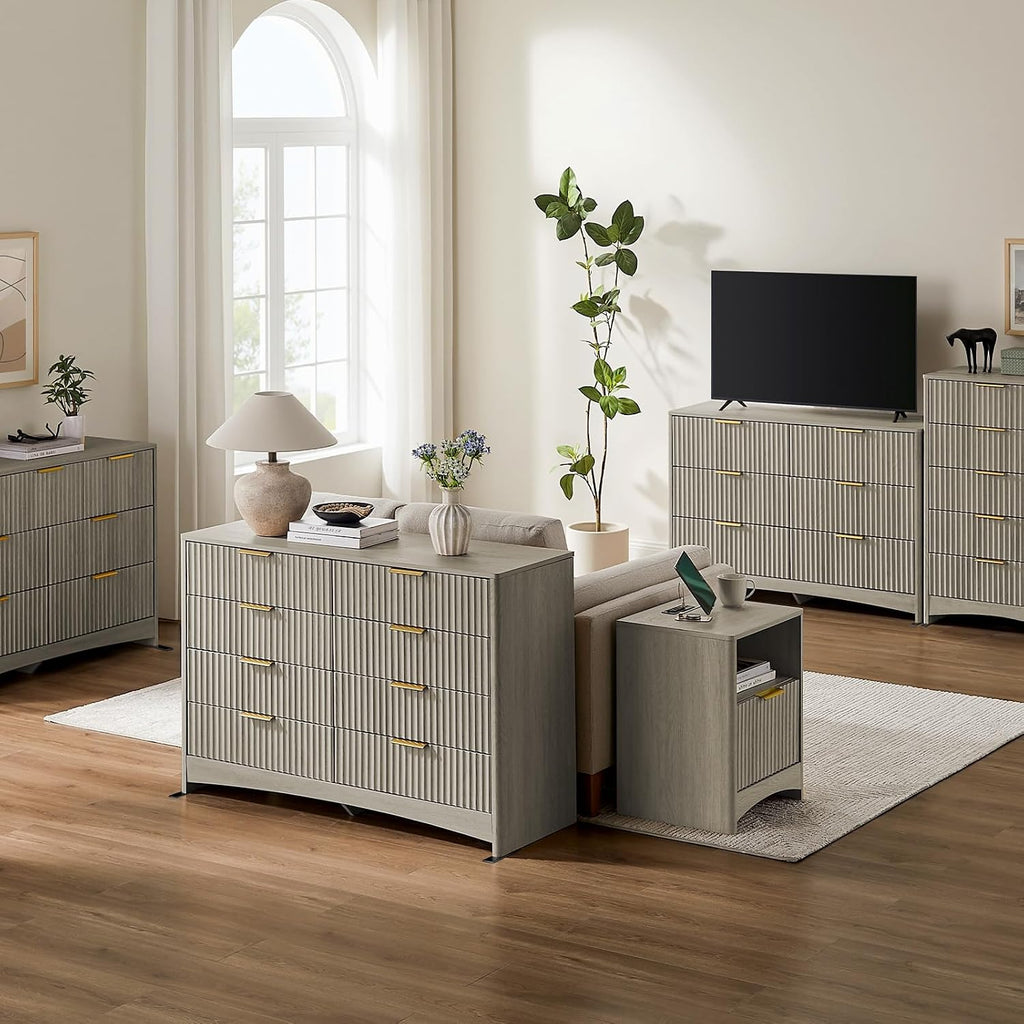Pipishell Fluted 7 Drawers Dresser for Bedroom, 47' Wooden Drawers with Metal Handle, Dressers with Round Corner Design, Closet Storage Organizer for Bedroom, Hallway, Grey