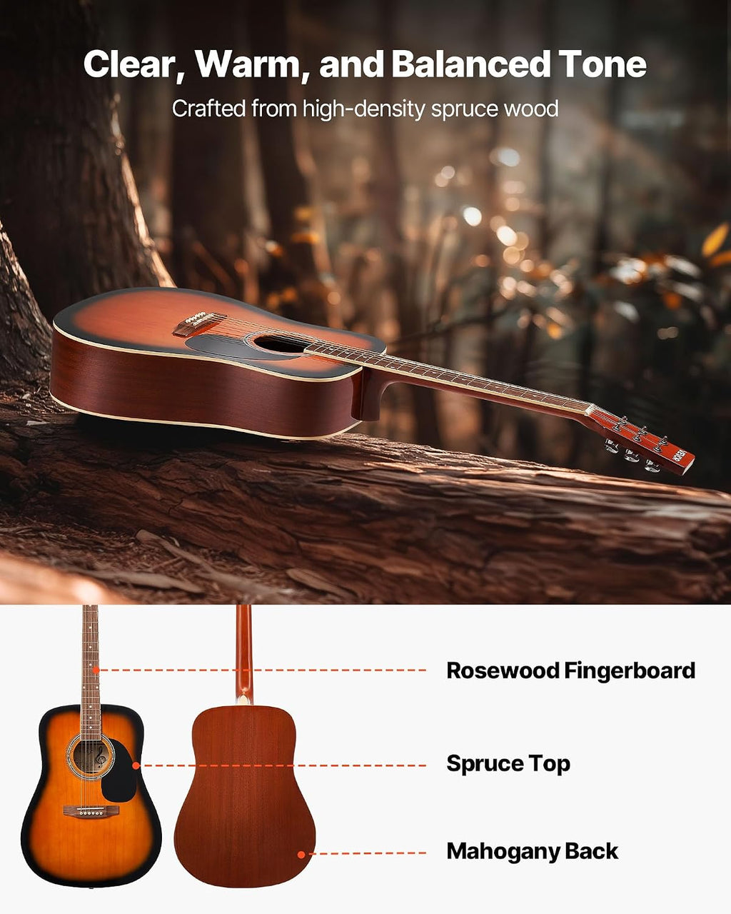 VEVOR Dreadnought Acoustic Guitar, 41 in, 6-String Sunburst Solid Spruce Top Guitar, Beginner Bundle with Gig Bag, Tuner, Strap, Strings, Picks, Capo, Rosewood Fingerboard, for Adult Taller Player