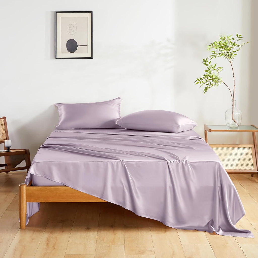 THXSILK Silk Sheet Set 4 Pcs, Queen Size Sheet Set, Soft Breathable Cooling Bed Sheets with 1 Flat Sheet, 1 Fitted Sheet, 2 Pillowcases with Zipper Closure, Light Purple