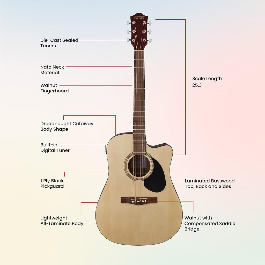 Gretsch Prelude D100CE Dreadnought Cutaway Acoustic-Electric Guitar - Natural Bundle with Gig Bag, Strap, Strings, String Winder, Picks, Austin Bazaar Instructional DVD, and Polishing Cloth