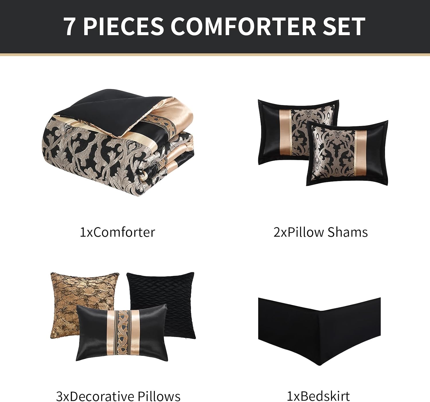 Black and Gold Queen Size Comforter Set,7 Pieces Luxury Silky Elegant Damask Jacquard Fluffy Reversible Bedding for All Season,Matching Bed Skirt, Pillows & Shams
