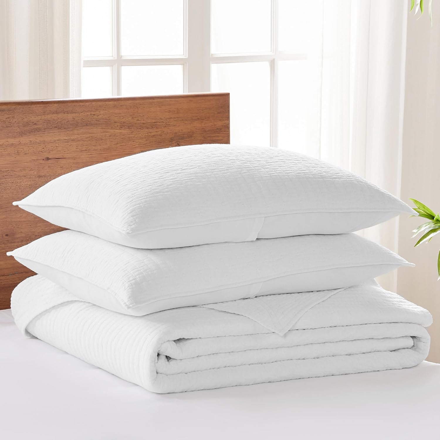 Levtex Home Cross Stitch Reversible Full Bedspread Set (100x104in) with 2 Pillow Shams (26x20in) - Stitch Texture - Bright White - Cotton Full Size Bedspread Set - Lightweight, Soft, Pre-Washed