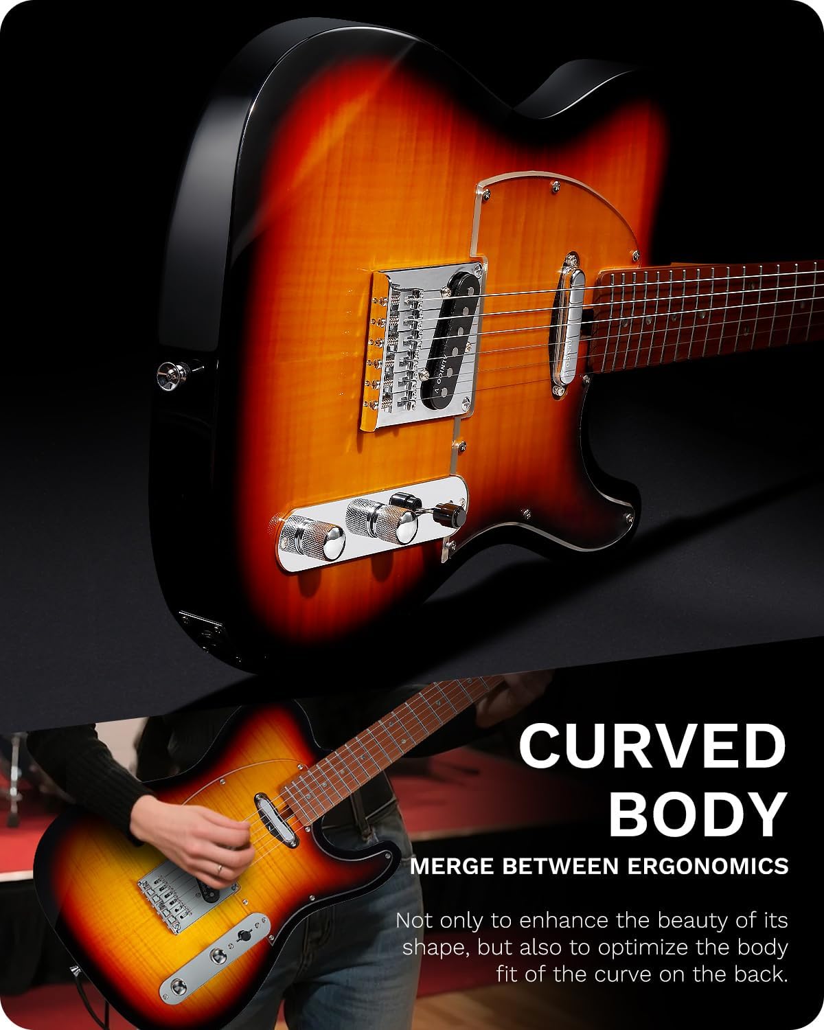 Leo Jaymz TL Electric Guitar - Flame Maple Top, Mahogany Body, Maple Neck - Alnico V Pickups, Locking Tuners - Solid Choice for Beginners & Intermediate Players (Sunburst)