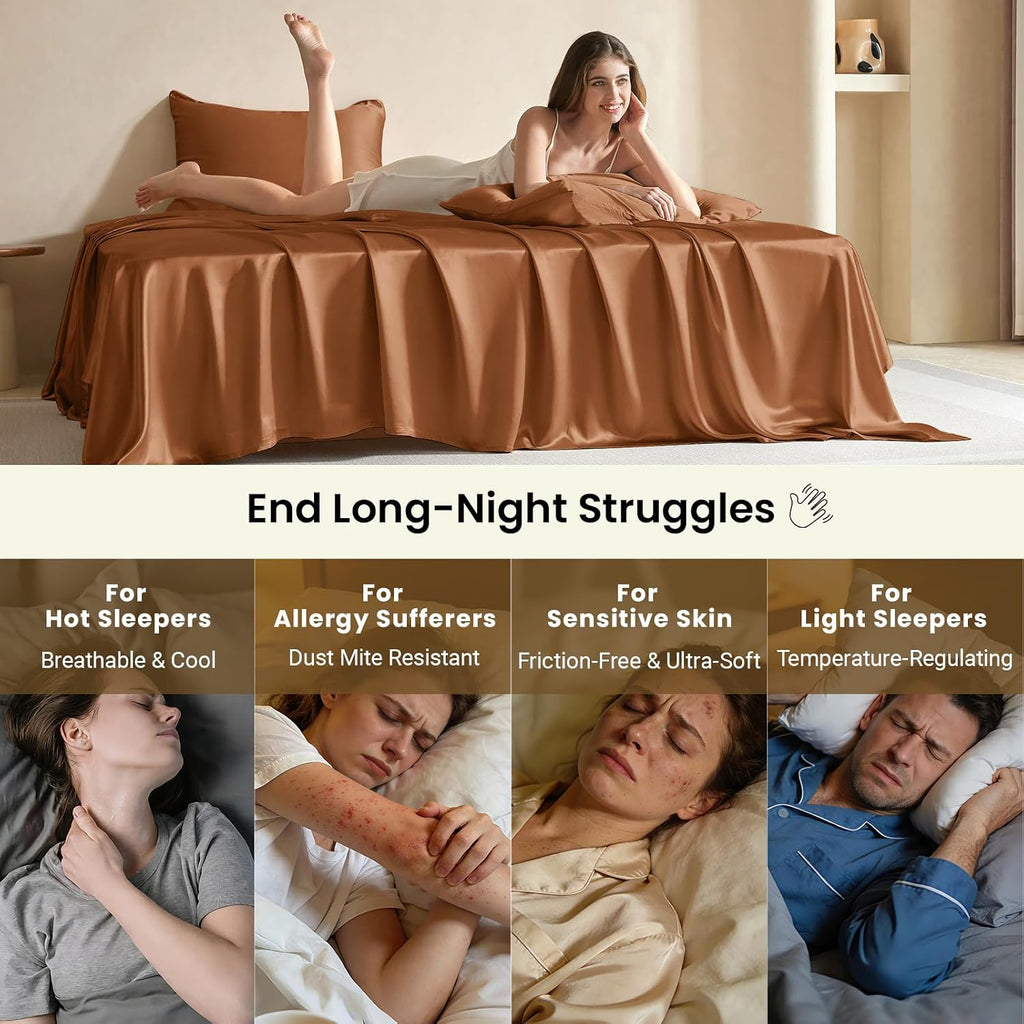 THXSILK Luxury Mulberry Silk Bed Sheets Set - 4pcs Silk Sheets Set 16' Deep Pocket - 1 Fitted Sheet, 1 Flat Sheet, 2 Pillowcases with Zipper Closure - Full, Brown