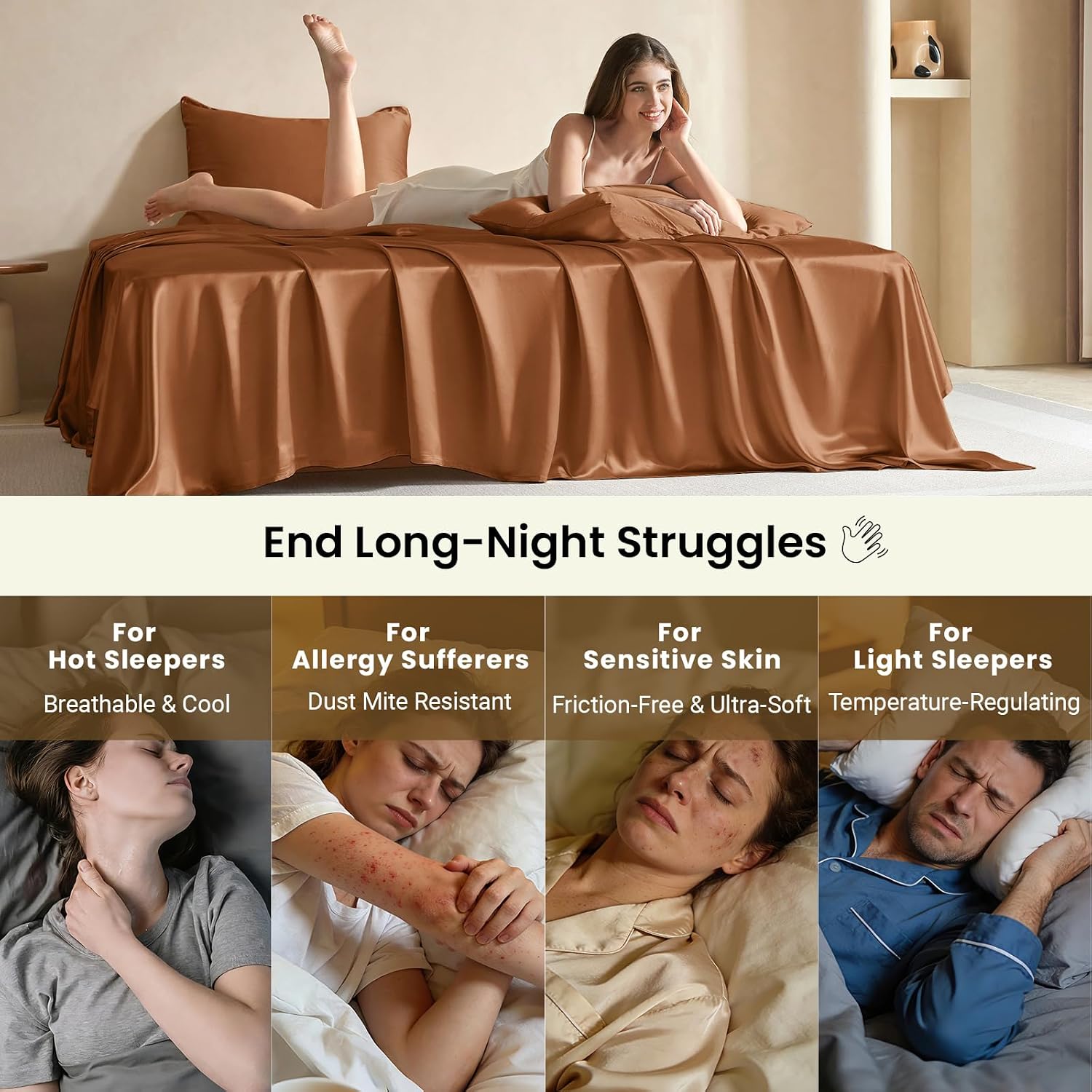THXSILK Luxury Mulberry Silk Bed Sheets Set - 4pcs Silk Sheets Set 16' Deep Pocket - 1 Fitted Sheet, 1 Flat Sheet, 2 Pillowcases with Zipper Closure - Full, Brown