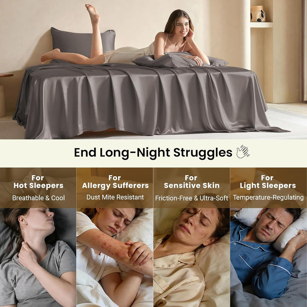 THXSILK Luxury Mulberry Silk Bed Sheets Set - 4pcs Silk Sheets Set 16' Deep Pocket - 1 Fitted Sheet, 1 Flat Sheet, 2 Pillowcases with Zipper Closure - Full, Charcoal