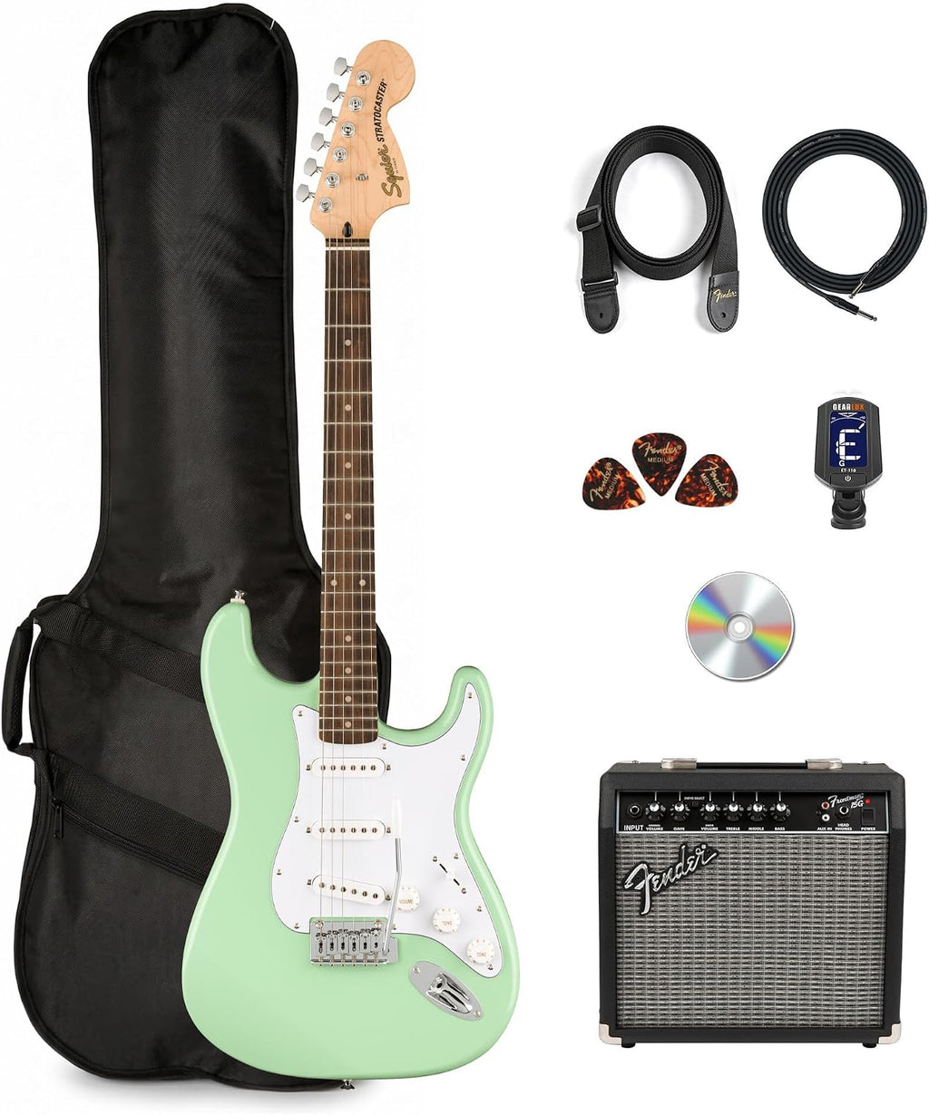 Fender Squier Affinity Stratocaster Limited Edition - Surf Green Bundle with Frontman 10G Amplifier, Gig Bag, Tuner, Instrument Cable, Strap, Picks, and Austin Bazaar Instructional DVD